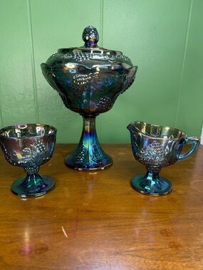 vintage Indiana Glass "Harvest Grape" blue carnival glass set